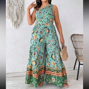 Boho Floral One-Shoulder Wide Leg Palazzo Pants Jumpsuit